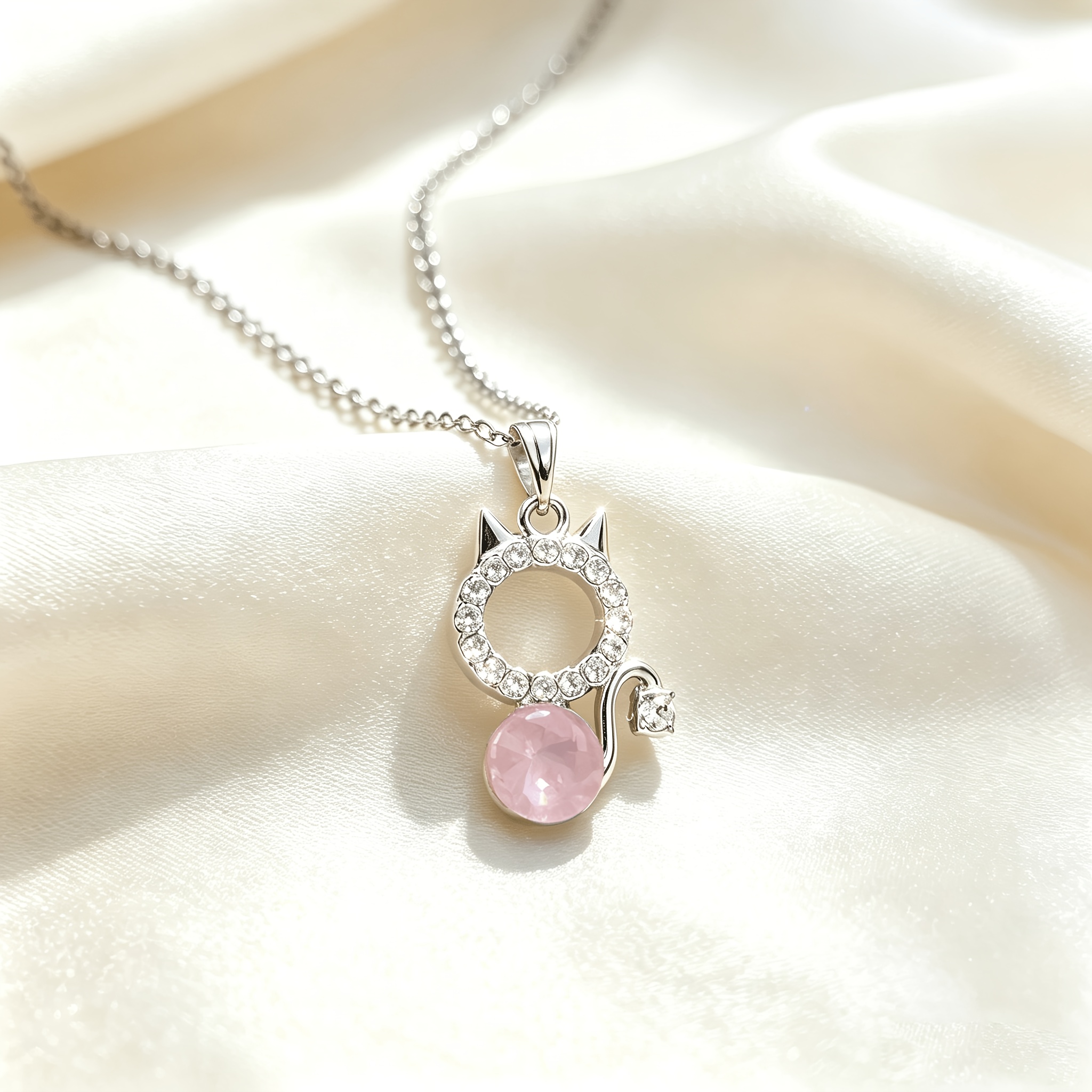 Women's Sparkling Cat Gemstone Round Pendant Necklace, Unique Design