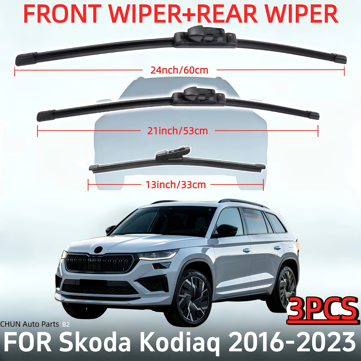 TEMU Front And Rear Wiper Blade Set For 2016-2023, Total 3pcs, Sizes 60.96cm, 53.34cm, And 33.02cm