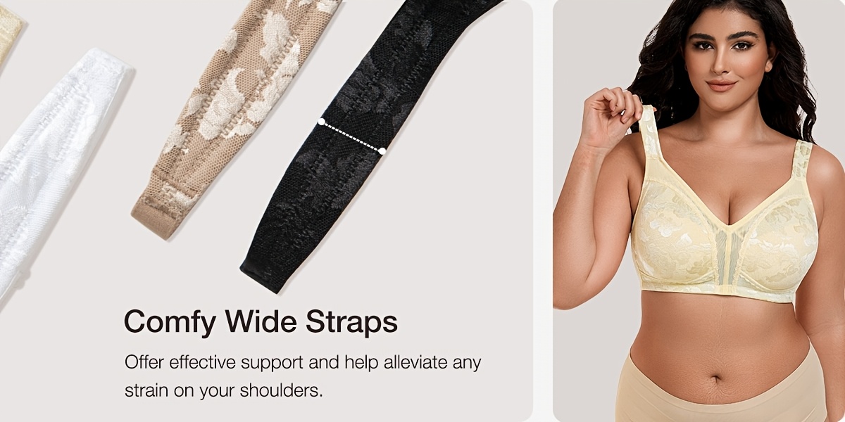 wireless   sports bra for plus sizes featuring a v neck seamless bralette with a floral mesh design double layer support wide straps and full coverage   in sizes 36b to 48g details 1