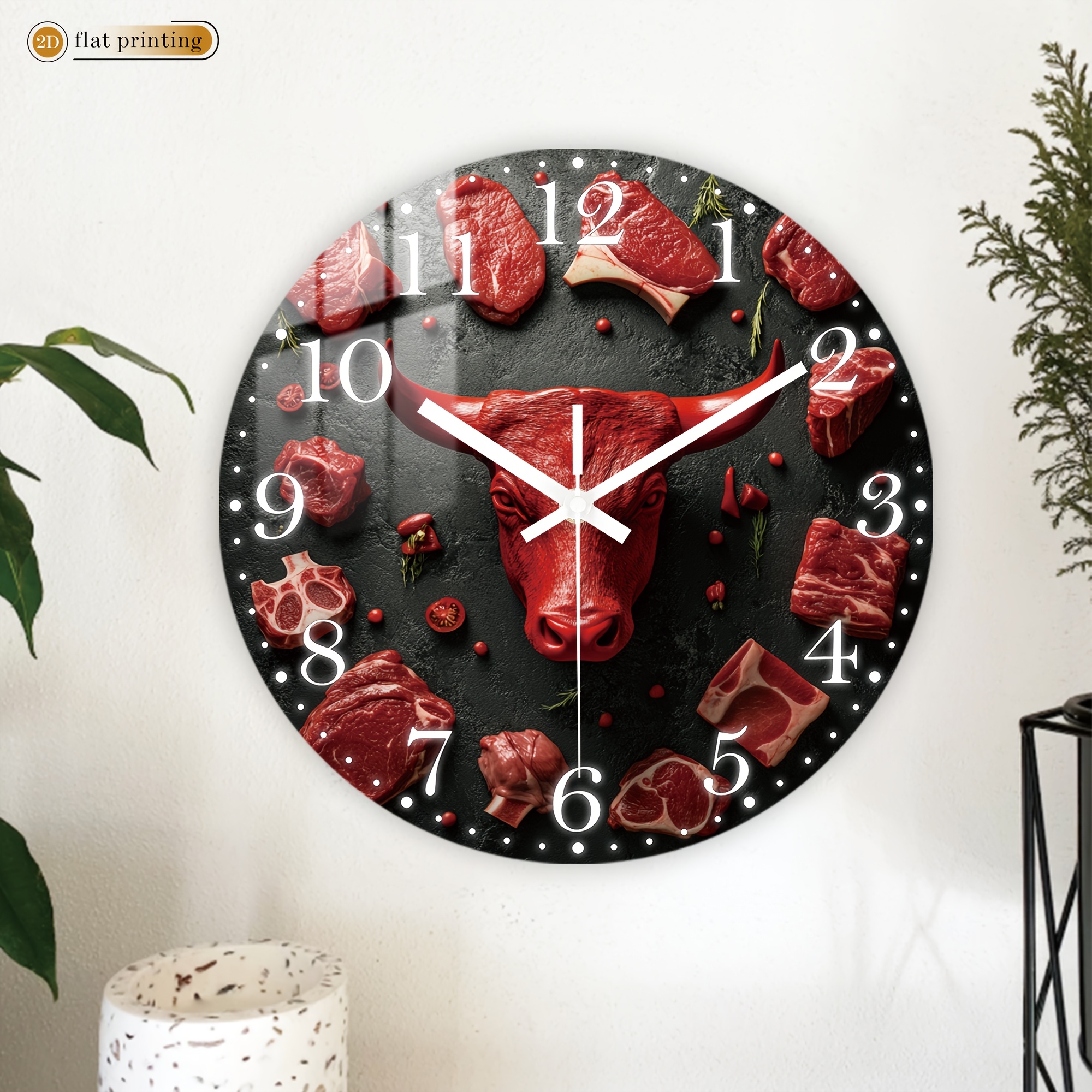 TEMU Meat-themed Wall Clock With , Wooden Home Silent Wall Clock- 2d Flat Printed Quartz Clock, Decor Suitable For Restaurants, Kitchens And Cafes,