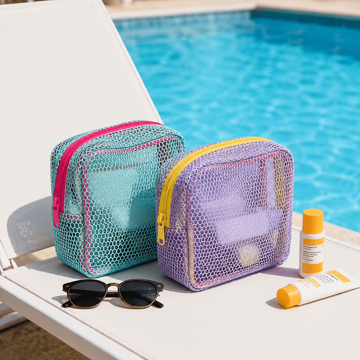 TEMU Paquete de 2 bolsas de playa de malla a en y azul / Paquete de 4 en , azul y . Neceser para mujer - Organizador de transparente con múltiples