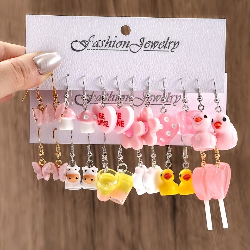 

12 Pairs/ Set Cute Cartoon Series Dangle Earrings Duck Dice Duck Mushroom Butterfly Cow Design Ear Jewelry Female Gift
