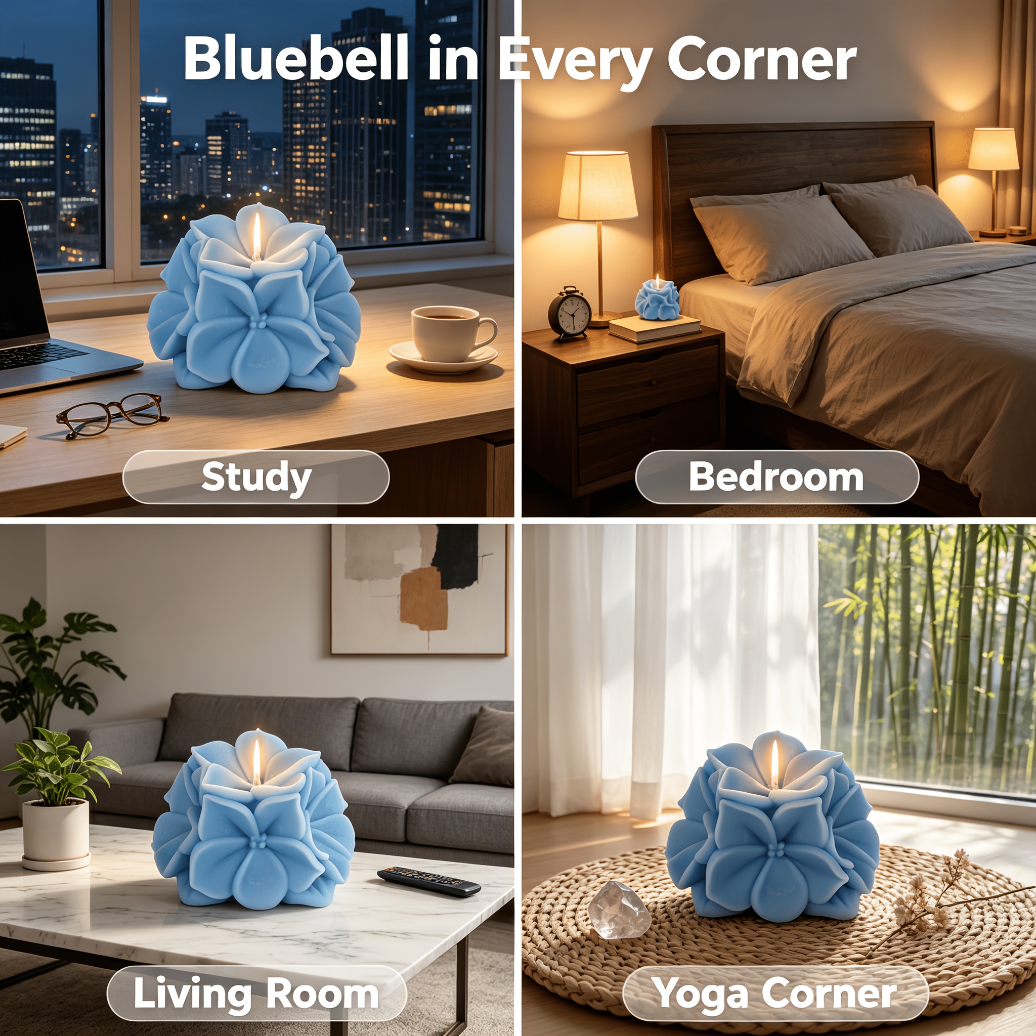 Bluebell Scented Flower Candle Gift Set with Box And Meditation Card - Blue Hydrangea Shaped Wax for Home Decor, Yoga, Spiritual Space - Middle Eastern Serenity Aesthetic - Unique Mindfulness Gift for Her, Birthday, Housewarming