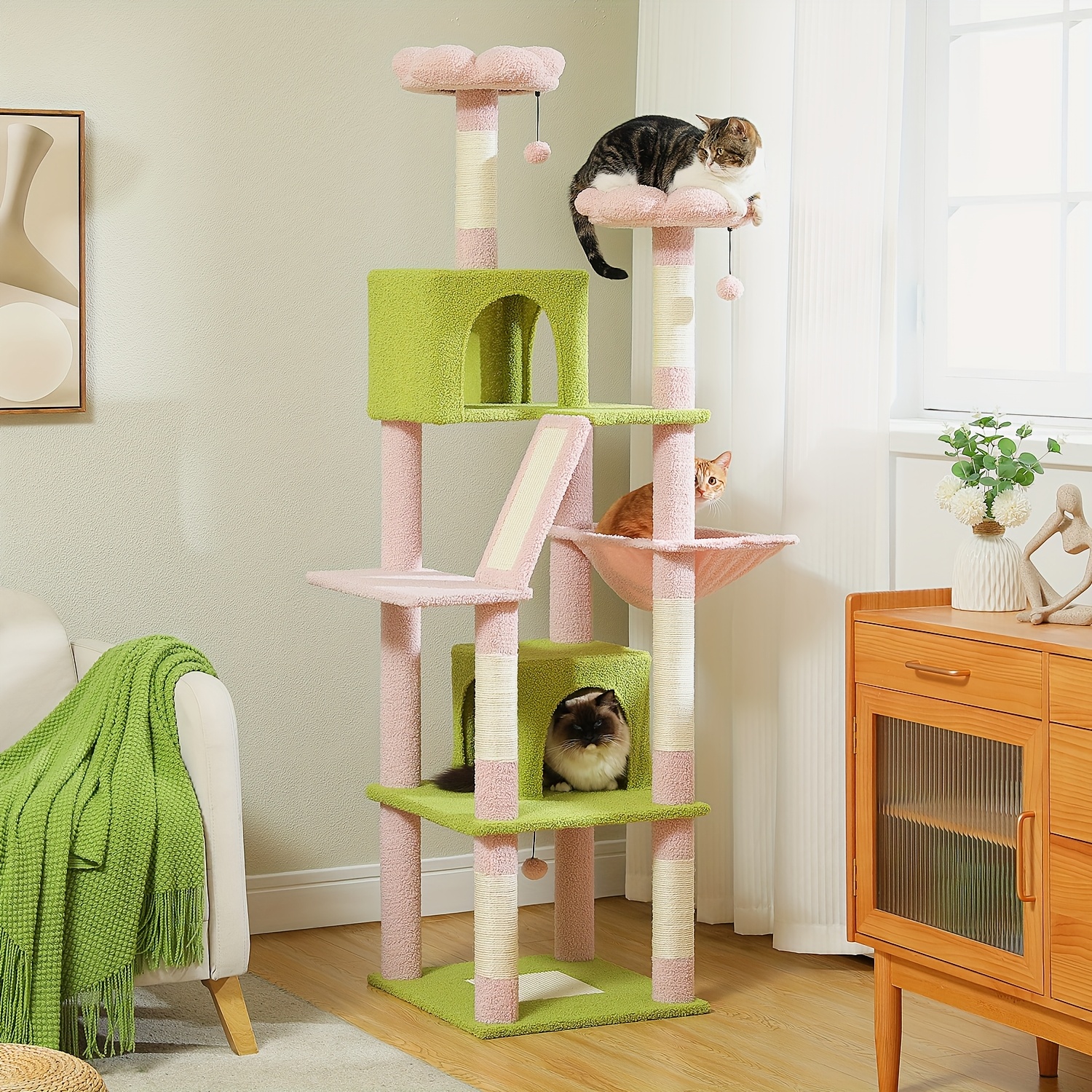TEMU 1pc Whisker Multi-level Cat Tree Tower, 70.9" Tall Wooden Cat Condo With 6 Scratching Posts, 2 Perches, Hammock, And Pompoms For Indoor Cats