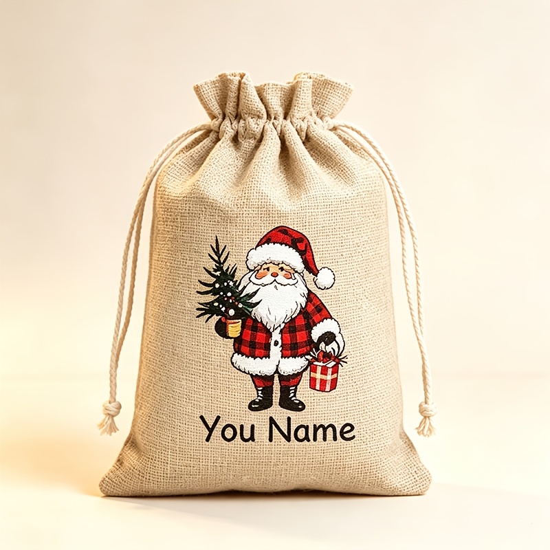 TEMU 1pc 1pcs Name/text Christmas Gift Bag Suitable For Her/him, Reusable Personalized Drawstring Bag With 5 Designs, Durable Suitable For Home