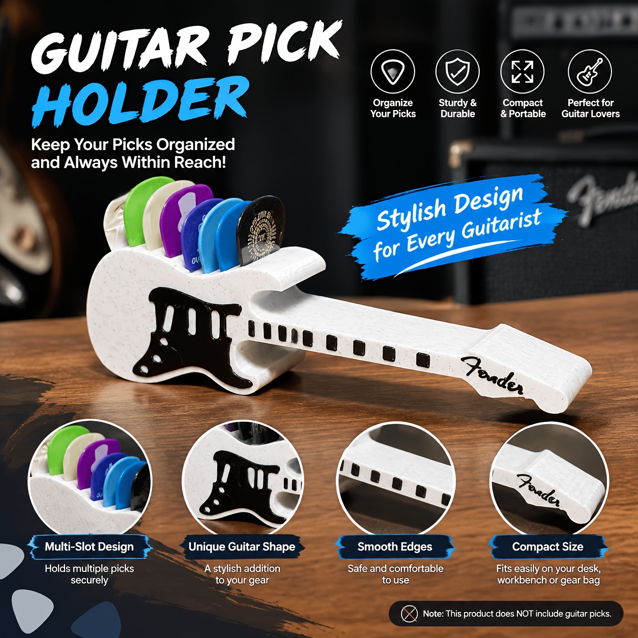 TEMU Guitar Pick Storage Rack, Cute Electric Guitar Shaped Pick Organizer - Suitable For Desk, Workbench, And Instrument Case, Compact Desktop Guitar