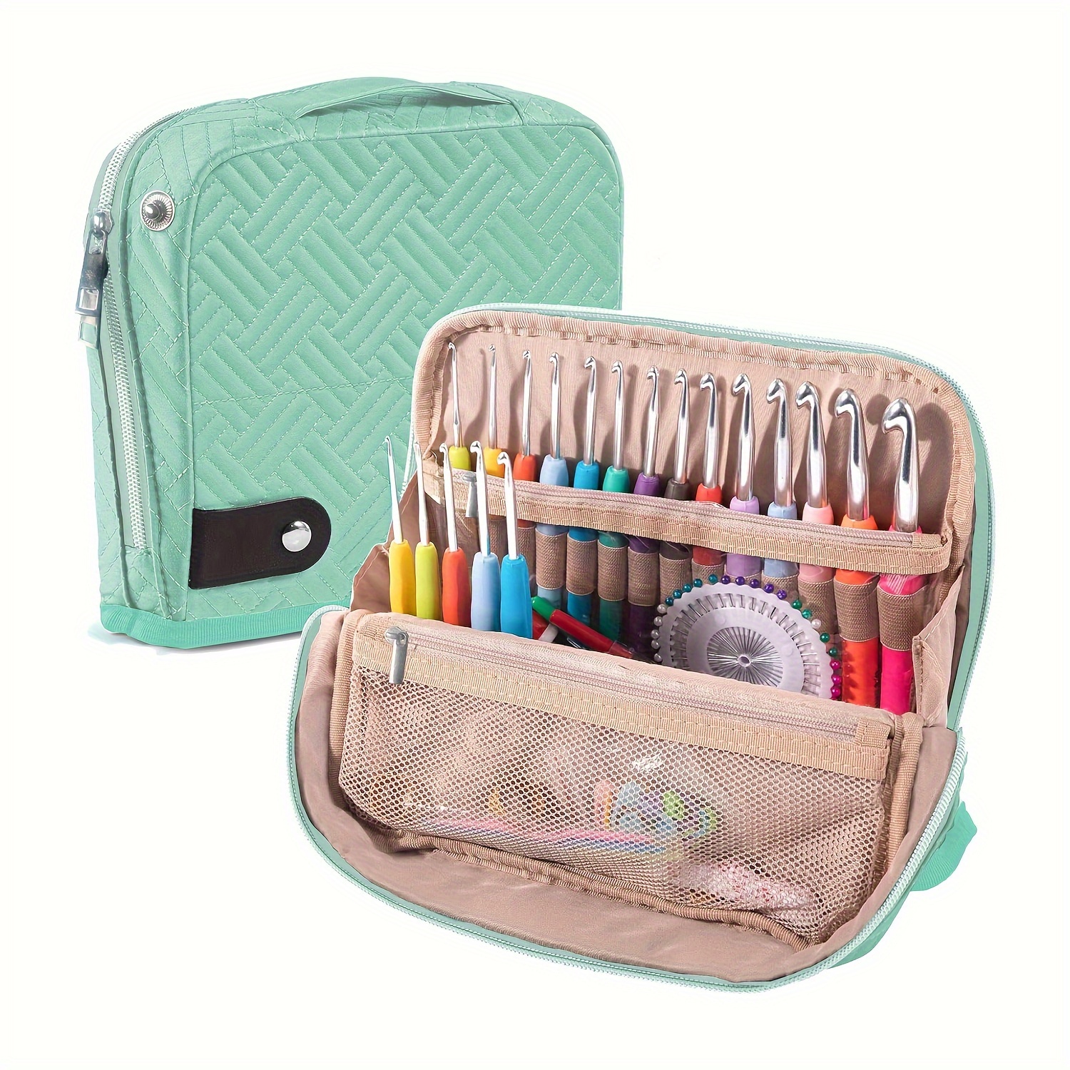 

Étui d'organisateur de crochet bleu, sac de rangement de fil portable avec impression aléatoire, porte-aiguille à plusieurs fentes pour accessoires de crochet et fournitures de tricot