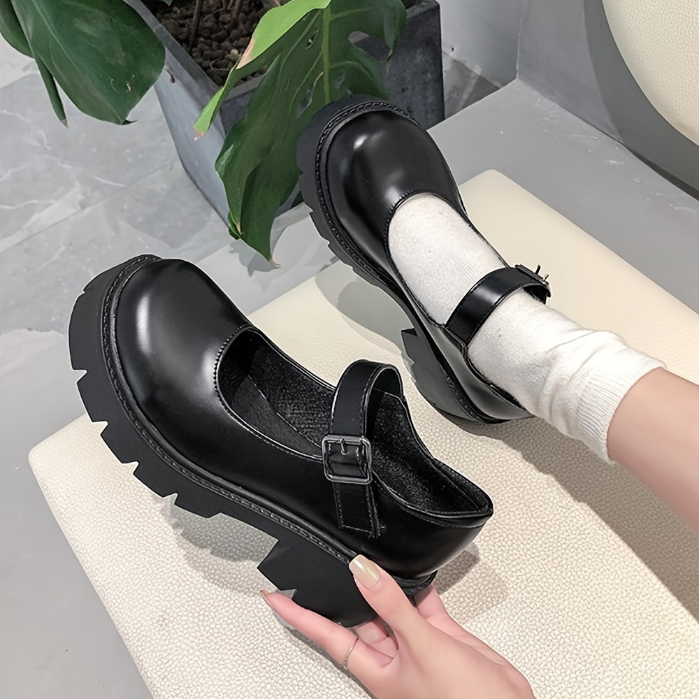 

Women's Solid Color Shoes Round Toe Platform Ankle Strap Chunky Heel Black Uniform Dress Pumps Shoes