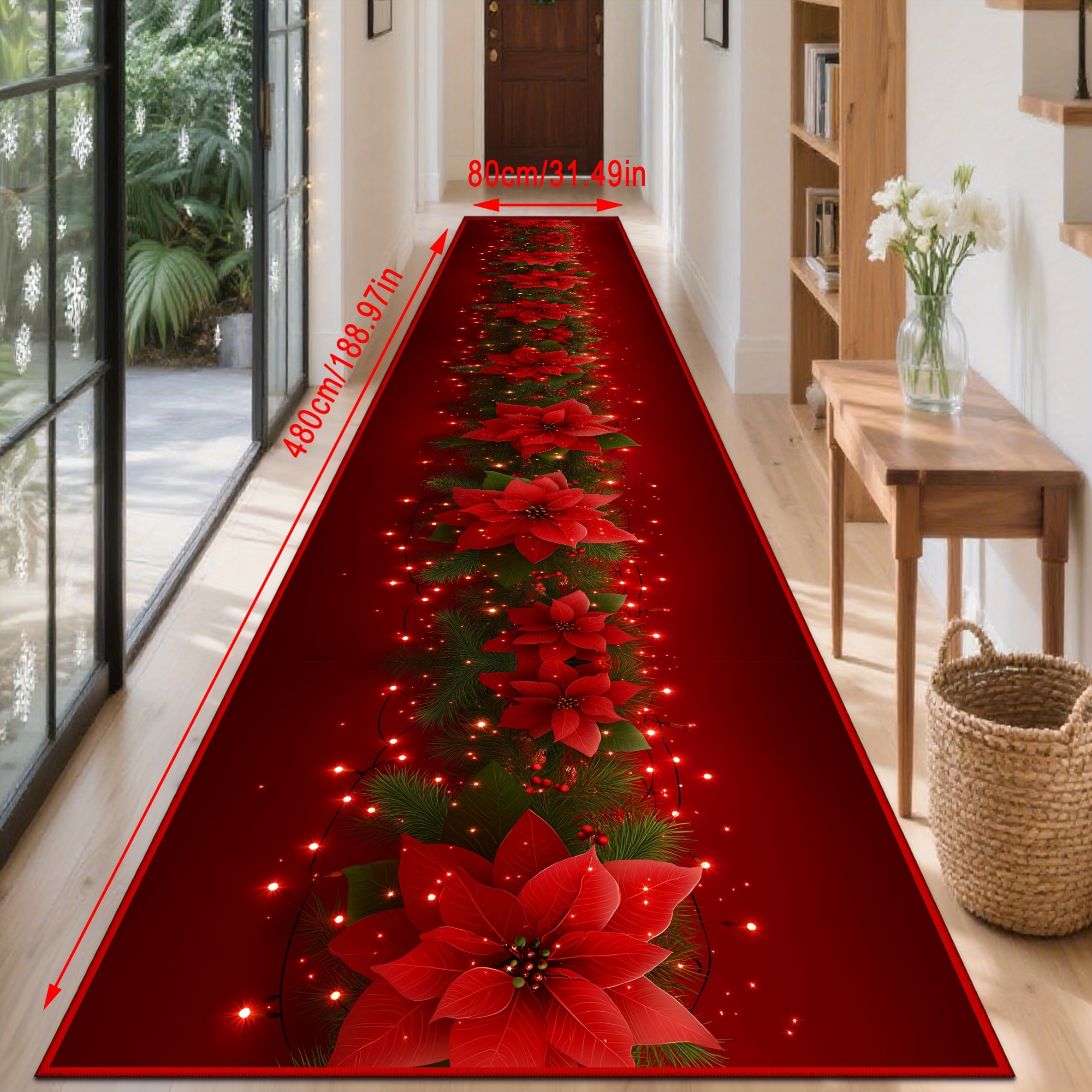 TEMU 1pc Of Christmas-themed Classic Poinsettia Long Rug For The Living Room, Machine-washable Bedroom Mat, Laundry Room Rug, Ideal For Indoor Study