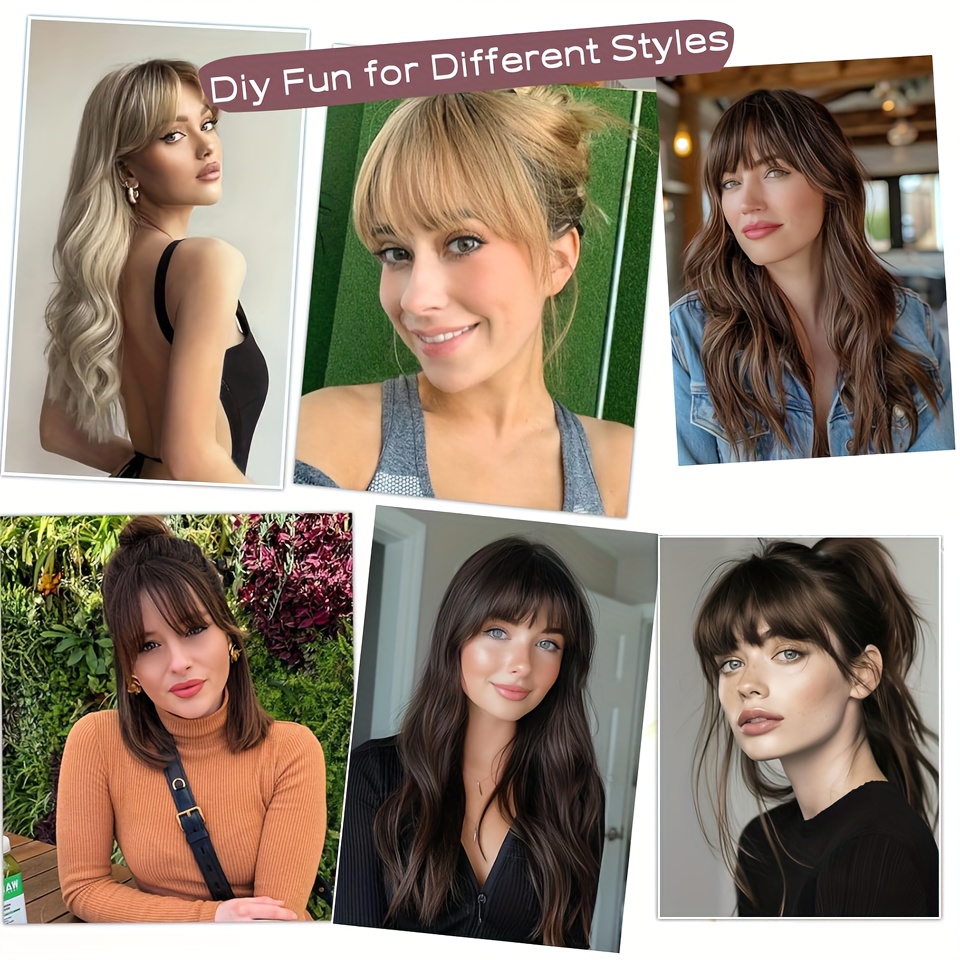 elegant clip in bangs for women natural looking     hair extensions in golden   black light brown high quality heat resistant synthetic fiber with temples for casual attire details 6