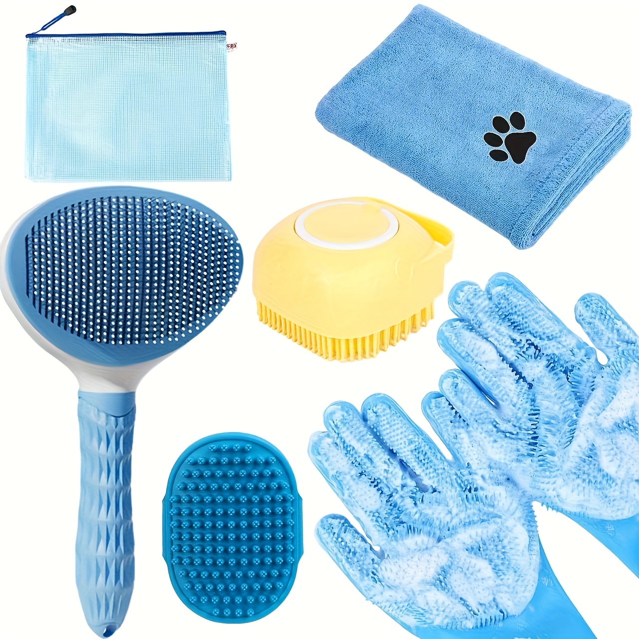 

6pcs Pet Grooming Set For Dogs, Soft Bristle Brush, Massage Brush, Cleaning Gloves, Towel, And Storage Bag, Plastic Grooming Tools, With Uncharged For Pet Care Kit