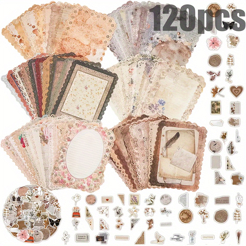 

120 Sheets Lace Stationery Paper Assorted Set -60 Pcs Vintage Paper For Letter Scrapbooking, 60 Stickers, Embellishments Planner Bullet Junk Journal Supplies Collage Background 4.9x6.9 Inch