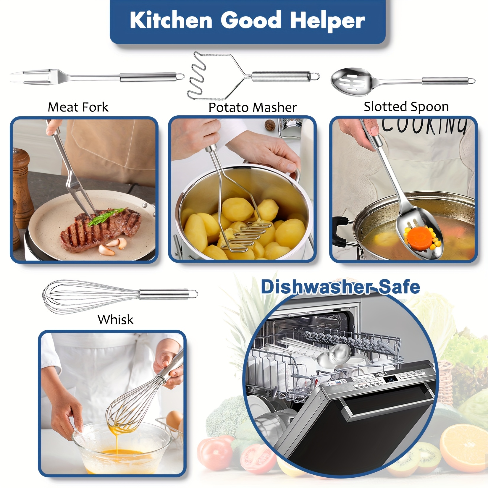 set of 10 stainless steel kitchen tools including heat resistant spatula turners serving spoon ladle skimmer and pasta fork Product details 3