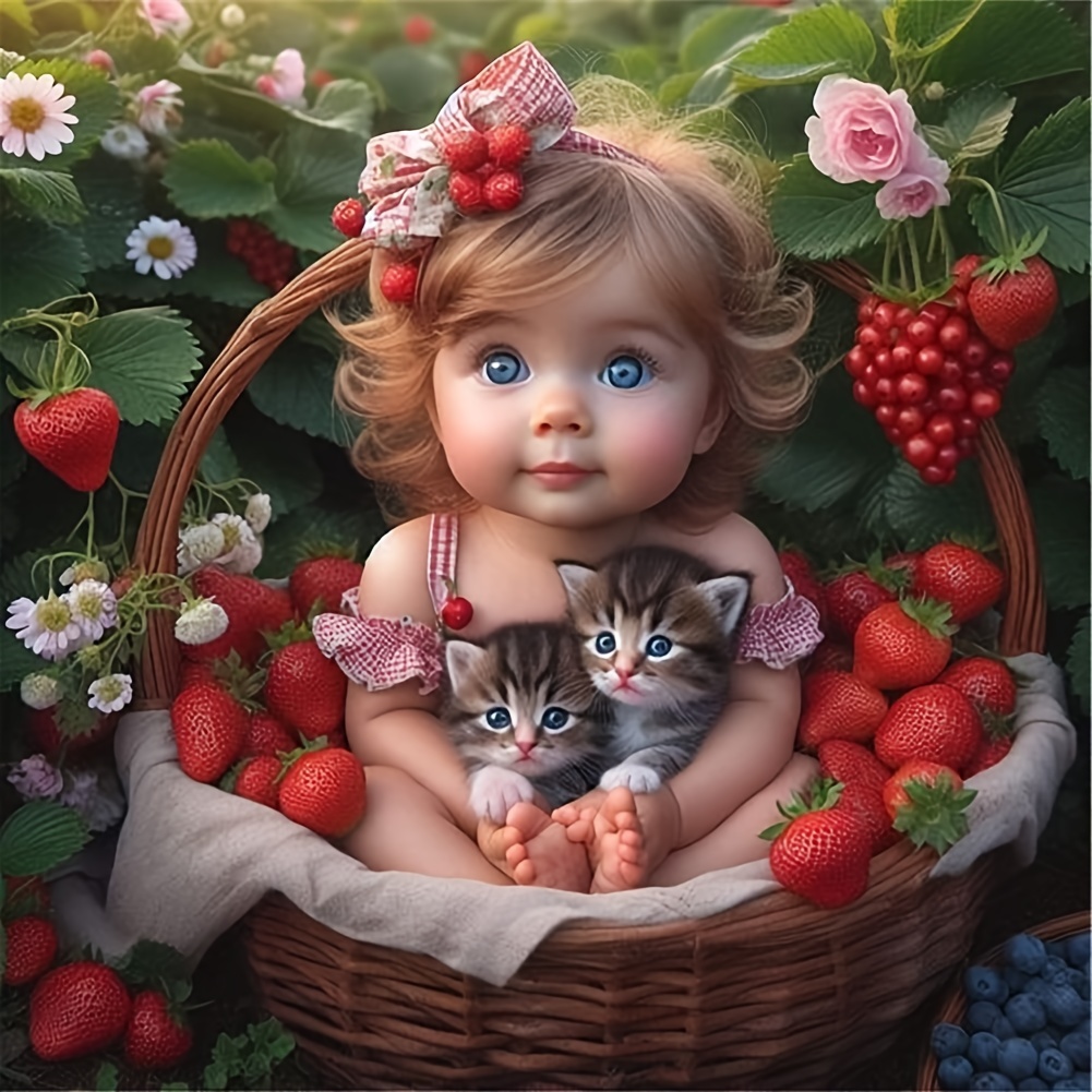 

40x40cm/15.7x15.7in Diy Diamond Art Painting Kit: Adorable Kittens In A Basket With Strawberries And Flowers - Animal Theme, Round Diamond Shapes, Acrylic (pmma) Material