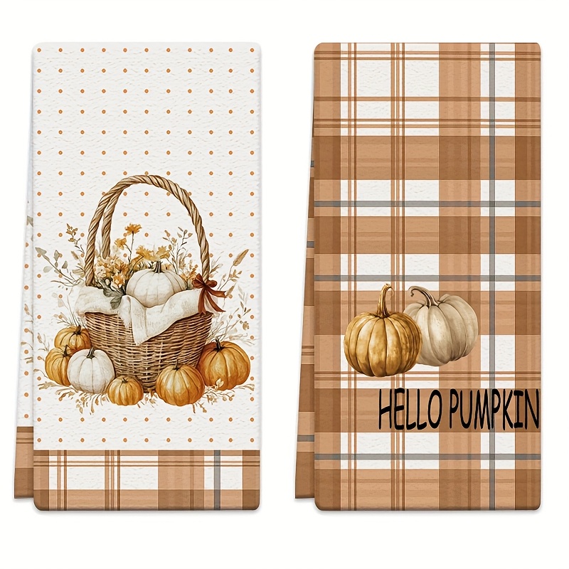 TEMU 2 torchons de cuisine 18X26 pouces Thanksgiving Citrouille, Panier, Motif à carreaux de café, Fleurs, , Texture tache de café, Fibre Absorbant