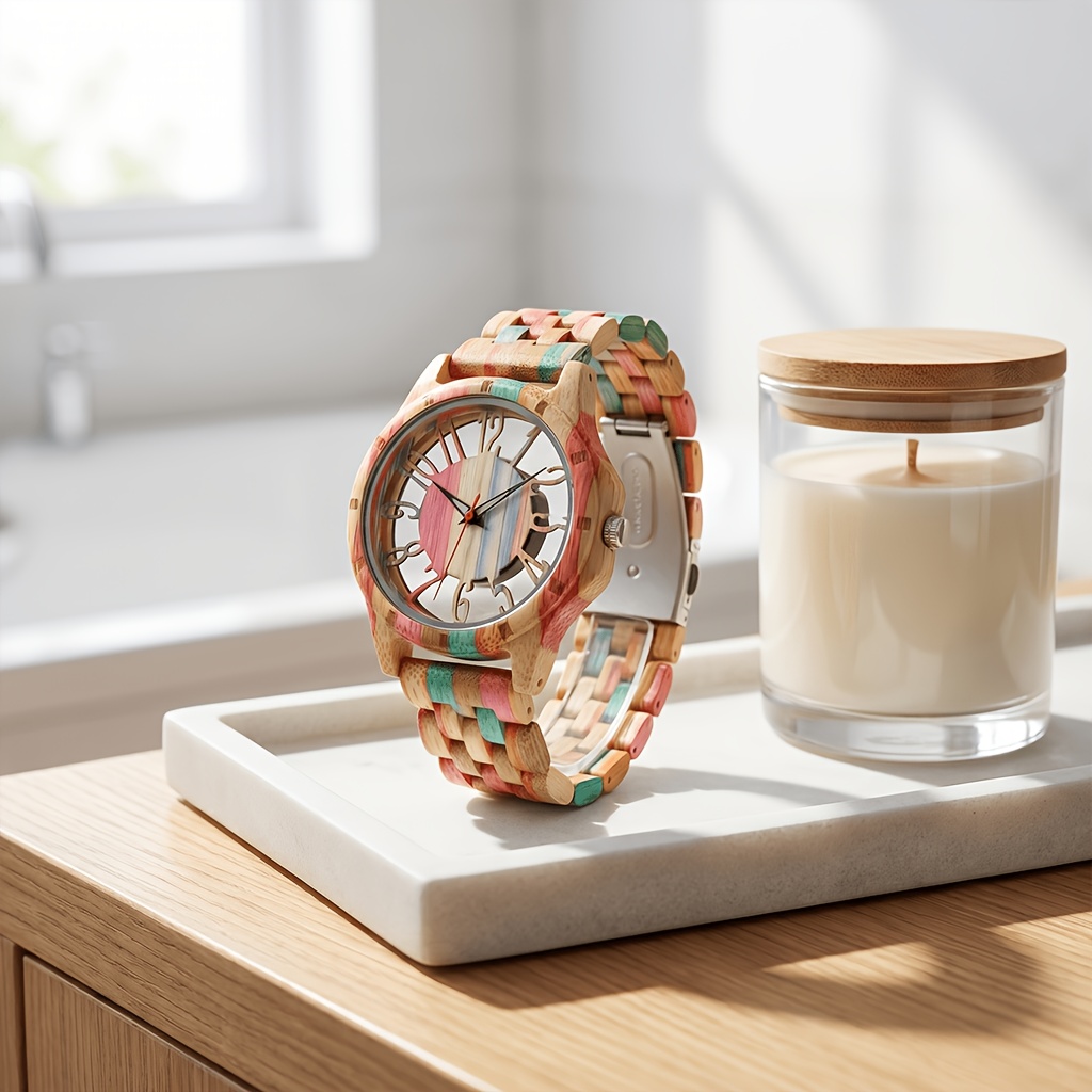 Image of Men's Quartz Watch Colorful Bamboo Fashion Transparent Hollow Watch Wooden Wrist Watches For Men