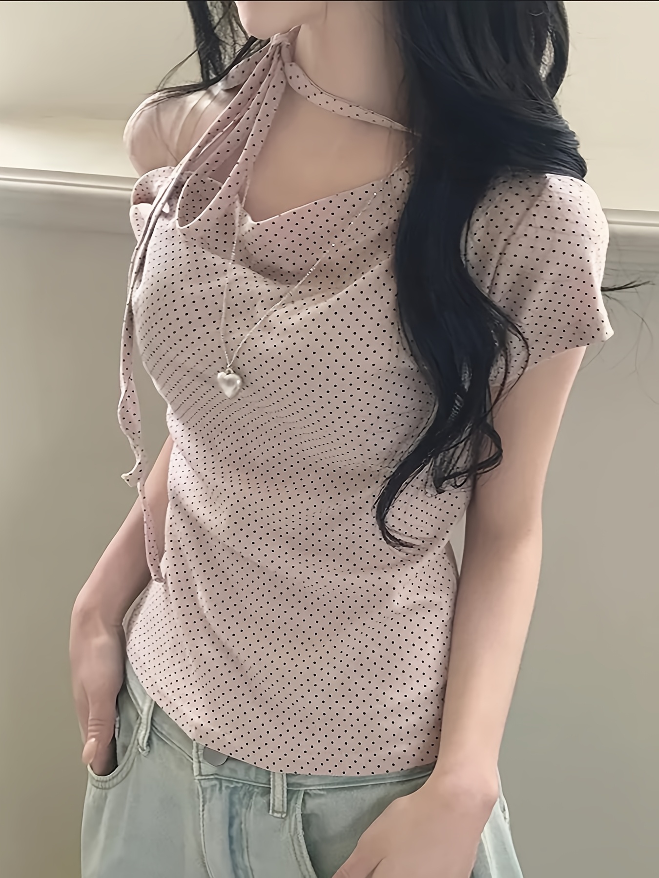 womens polka dot cross neck tie front t shirt cute japanese - Temu