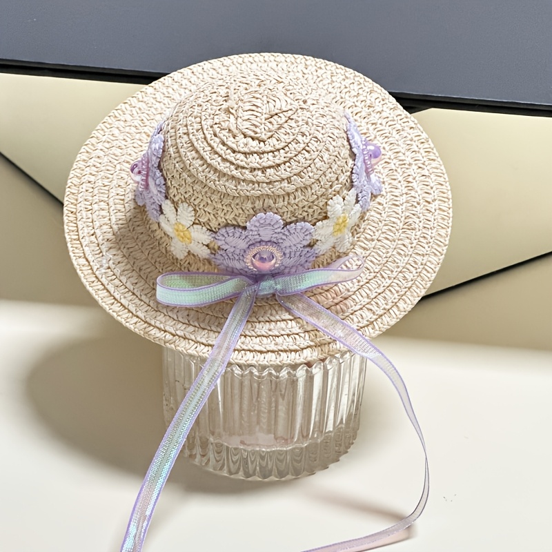 Image of 1pc Adjustable Pet Summer Straw Hat For - Lightweight 100% Polyester With Floral & Bow Accents, Spring/fall/summer Outdoor Visor For Small Breeds, Fashionable Pet Costume Accessory