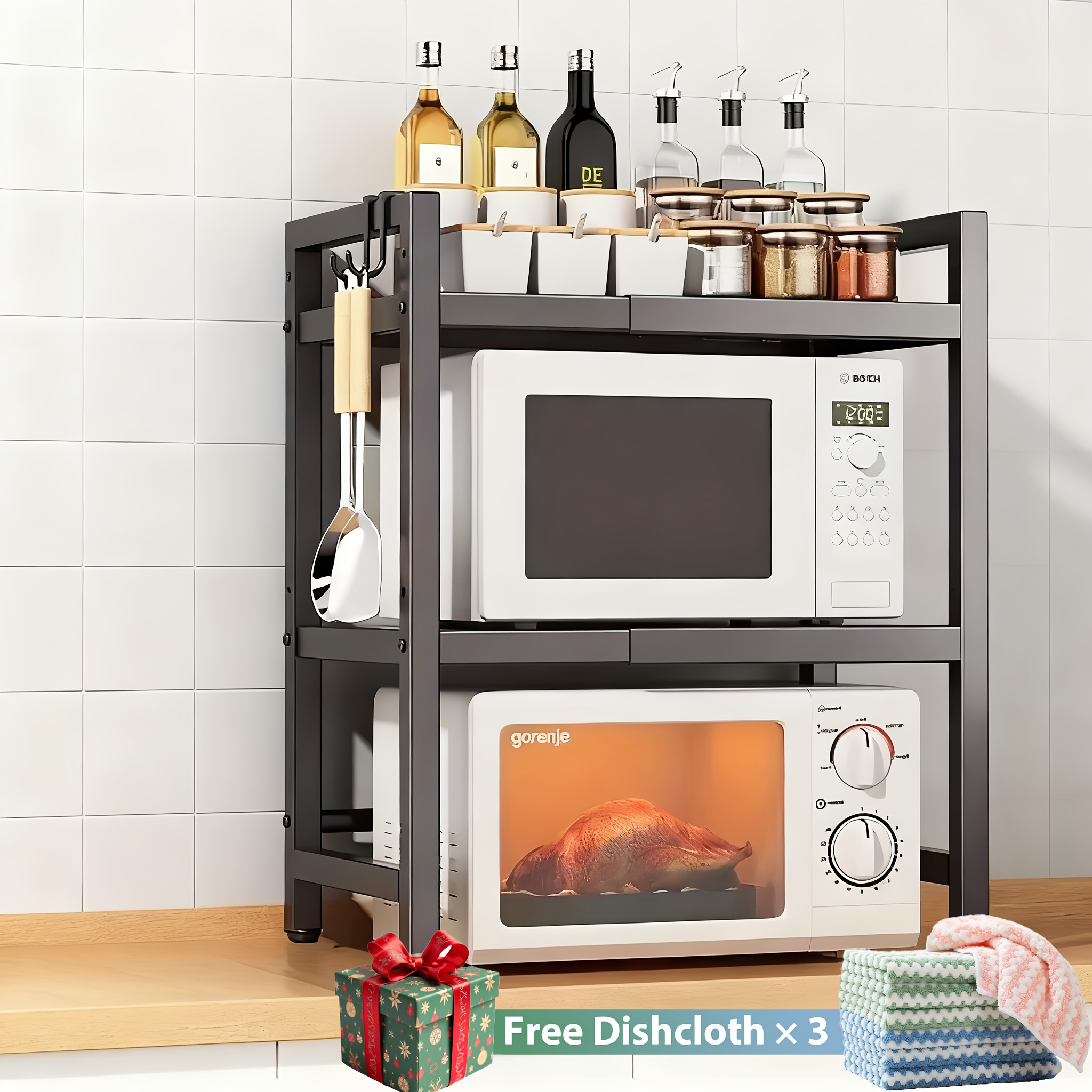 TEMU 2/3 Tier Expandable Microwave Oven Rack, Heavy Duty Kitchen Storage Shelf, Expandable 40-64cm, Includes 4 Hooks And 3 Cleaning Towels Space