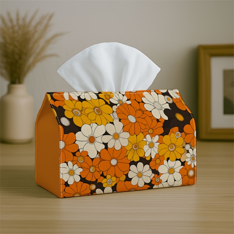 TEMU 1pc Tissue Box Holder With 70s Floral - Orange Yellow Hippie Groovy, Durable Polyester, Kitchen, Living Room, Bedroom, Bathroom, Car-holiday