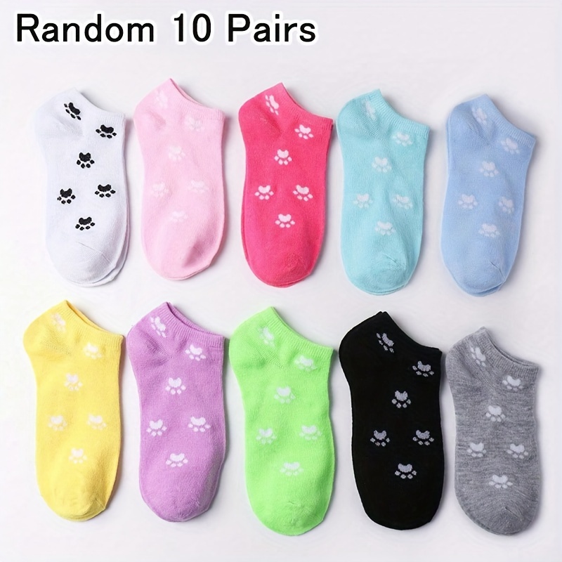 

10 Pairs Cat Paw Candy Colored Socks, Comfy & Soft Low Cut Ankle Socks, Women's Stockings & Hosiery