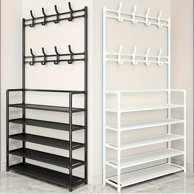 

1pc Multifunctional Metal Storage Rack With 8 Double Hooks, 4/5 Clothing, Hat, And Shoe Organizing Rack - A Large Capacity Combination For Bedrooms, Living Rooms, Entrances, And Offices - Simple