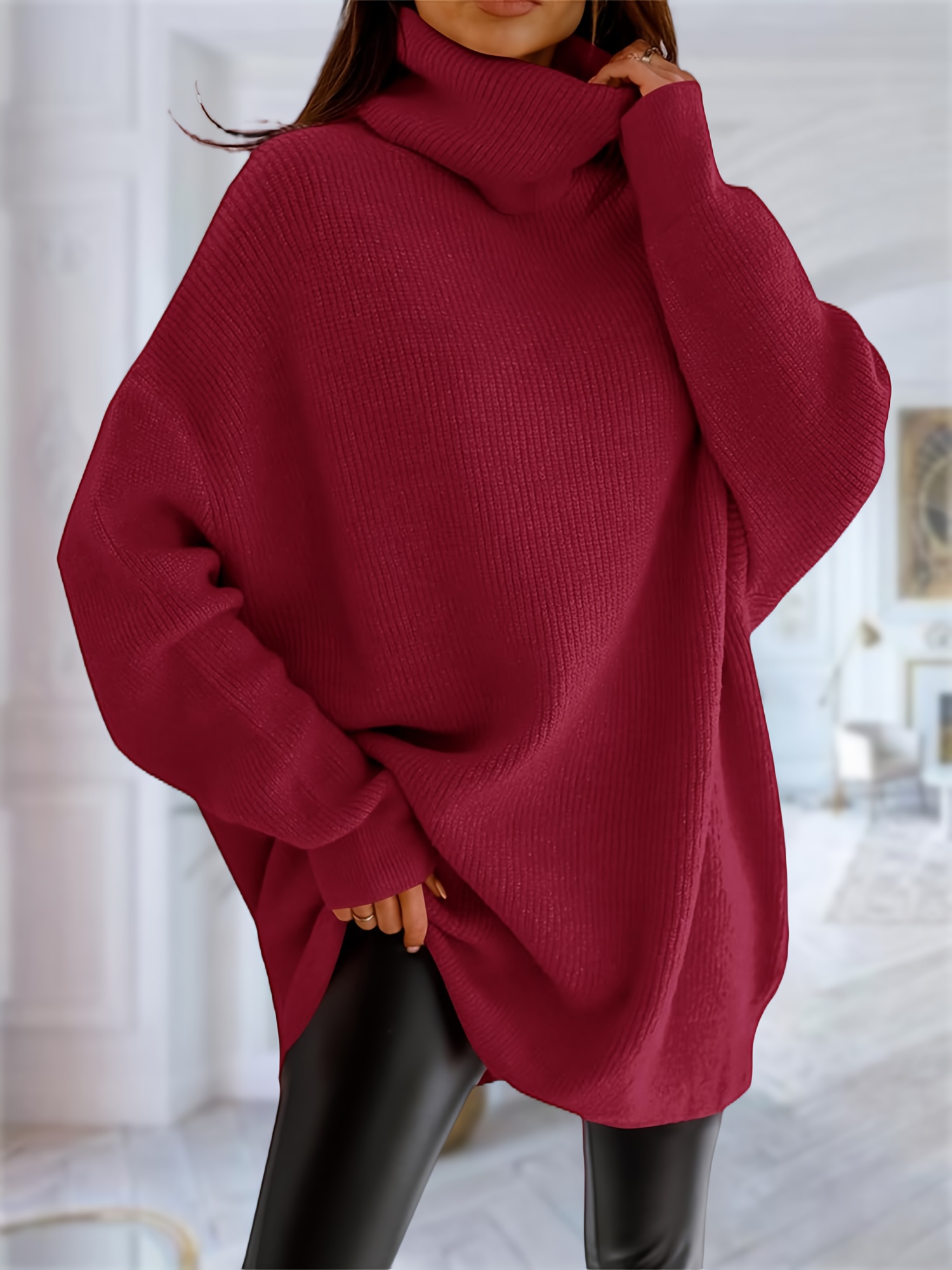 Women's Chunky Knit Turtleneck Sweater - Oversized Batwing Sleeve Pullover, Cozy & Loose Fit, Red, Large