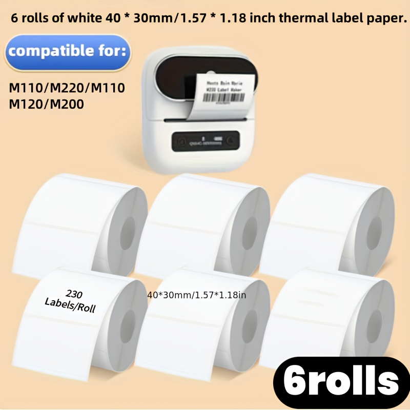 

6 Rolls Of 230 Labels/roll Thermal Adhesive Labels - 1.57"x1.18"(40x30mm) Thermal Labels, Suitable For M110/m221/m220/m120/, Suitable For Barcode/address/shipping Fee/sign/ Commercial/