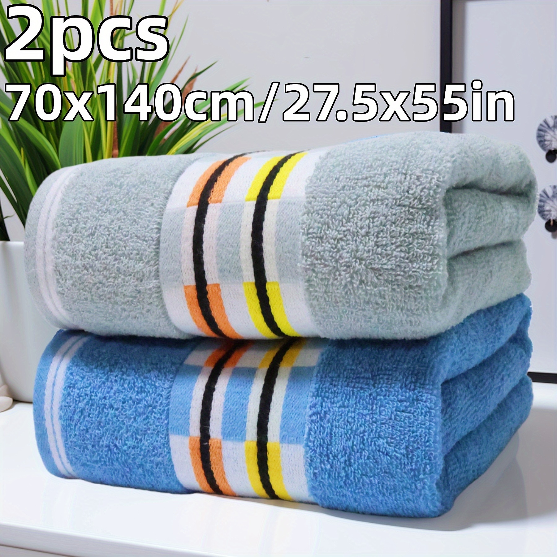 Image of 2-stripes Striped Pure Bath Towels, 70cm X 140cm/27.5in X 55in, 100% Absorbent Towel, Thick Adult Bath Towel, Quick-dry Absorbent Bathroom Accessory Hotel Supplies