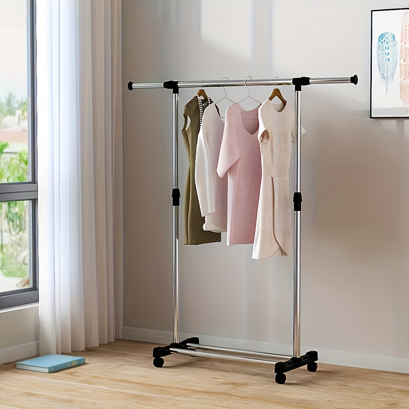 Image of 1pc Heavy Duty Adjustable Height Clothes Rack, Heavy Duty Metal Rolling Wardrobe With 4 Swivel Wheels, Space Saving Design For Bedroom, Living Room, Office