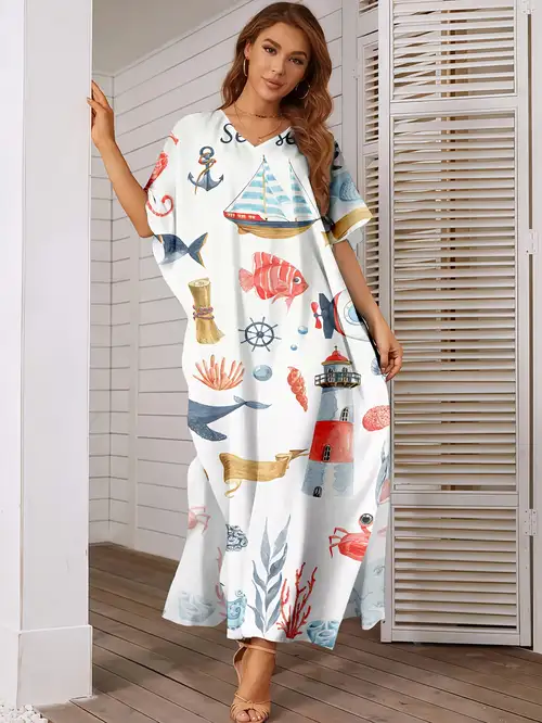 V-Neck Beach Cover-Up Dress Featuring an Ocean-Themed Watercolor * * Summer Vacations *. It Has a Loose Fit * in Larger Sizes, Showcases a Vibrant Pattern, Offers, And * a Side Slit V-Neck Beach Cover-Up Dress Featuring an Ocean-Themed Watercolor * * Summer Vacations *. It Has a Loose Fit * in Larger Sizes, Showcases a Vibrant Pattern, Offers, And * a Side Slit