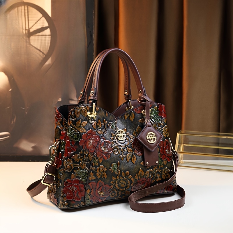 

Floral Handbag For Women, Autumn Winter New Arrival, Hand-painted Tote With Zipper Closure, Elegant Mom Purse