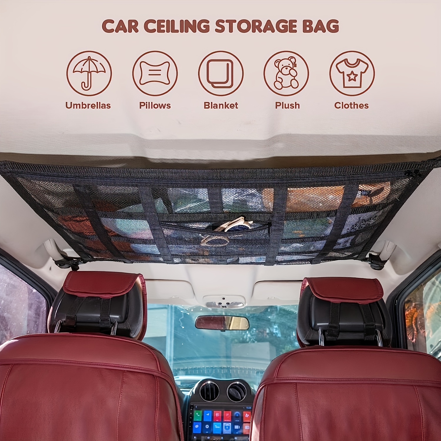 heavy duty car ceiling cargo pockets double layer mesh organizer for trucks suvs road trips camping Product details 5