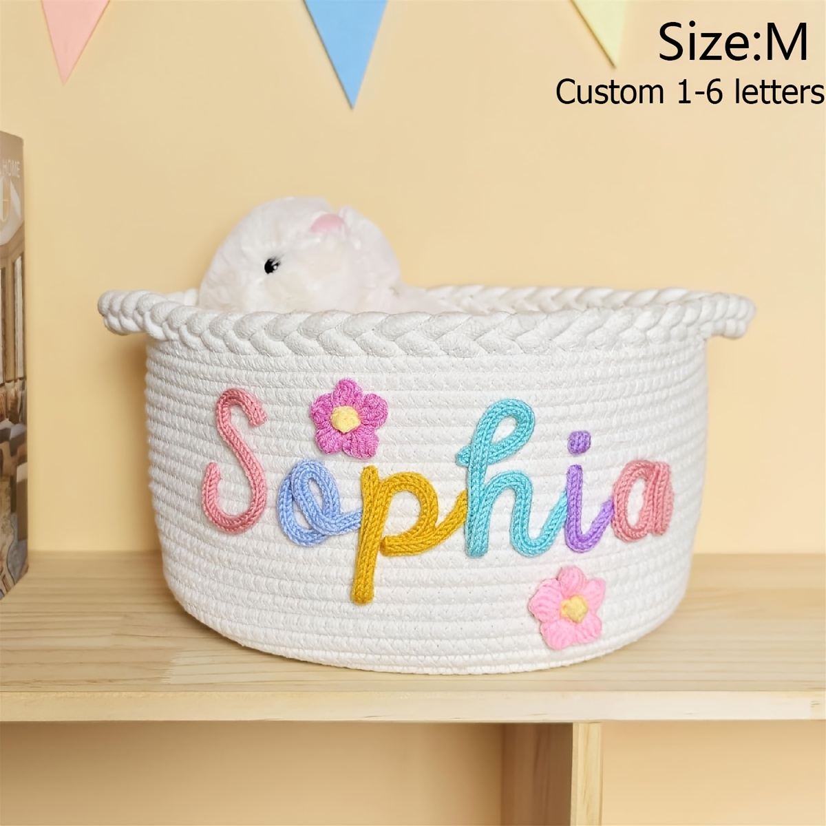 1 Personalized Handmade Round Storage Basket, Which Customized With Letters, Perfect For Use As An Easter Gift Basket, Shelf Basket, Or As A Decorative Festive Gift, Shelf Baskets
