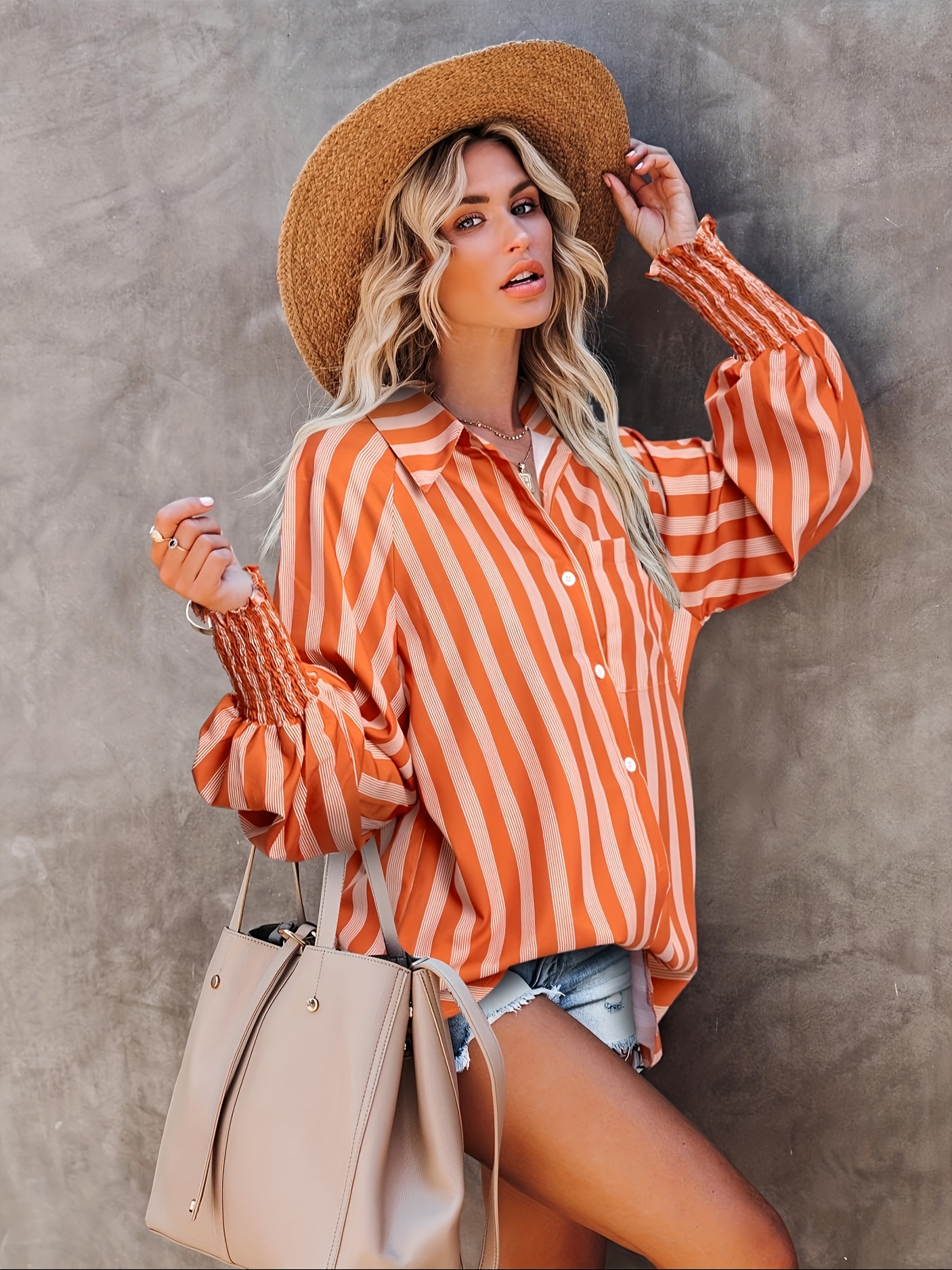 women's oversized button shirt vibrant orange white striped