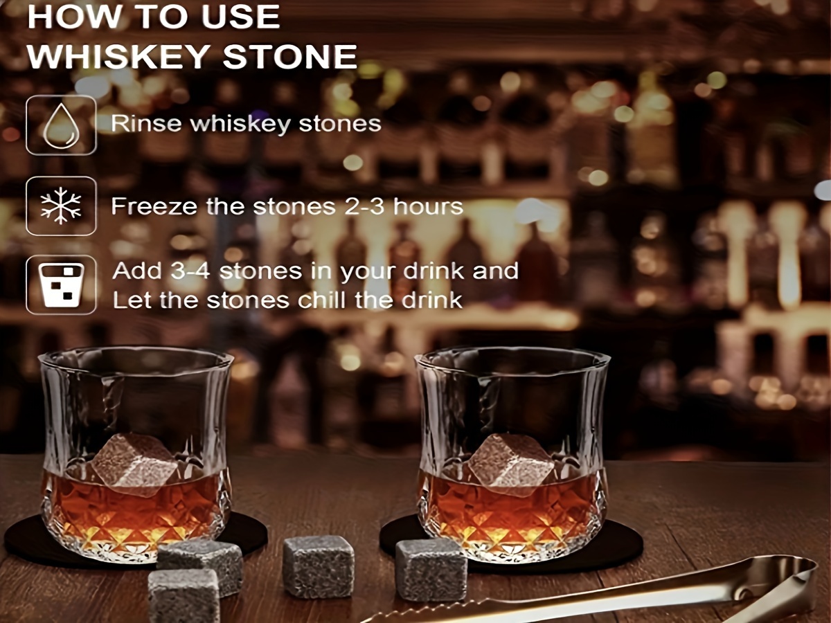 deluxe whiskey stones gift set with engraved glassware reusable granite ice cubes holder   storage bag drawstring pouch ideal for fathers day anniversaries birthdays whiskey glasses details 6