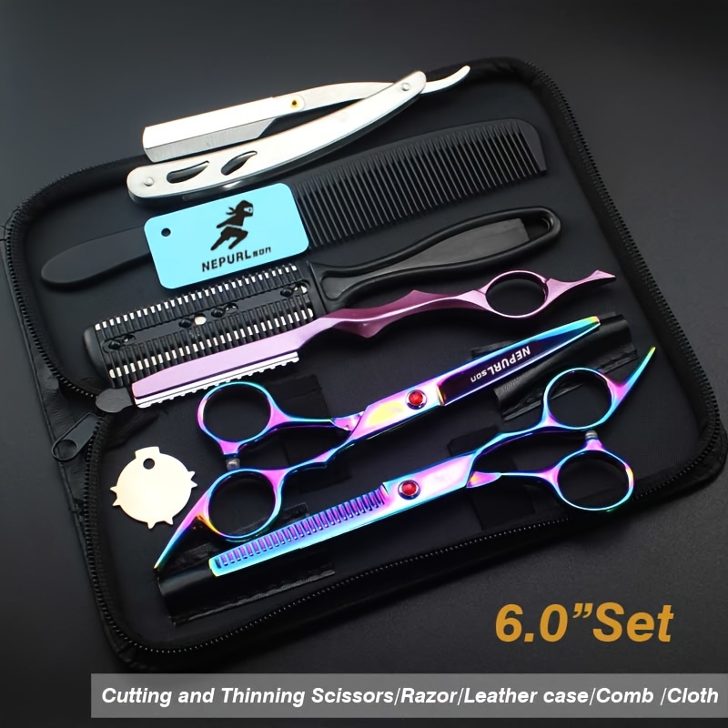 TEMU 6 "barber Scissors Set, Black And Electroplated Color, Professional Hair Scissors Set, Cutting Scissors And Thinning Scissors