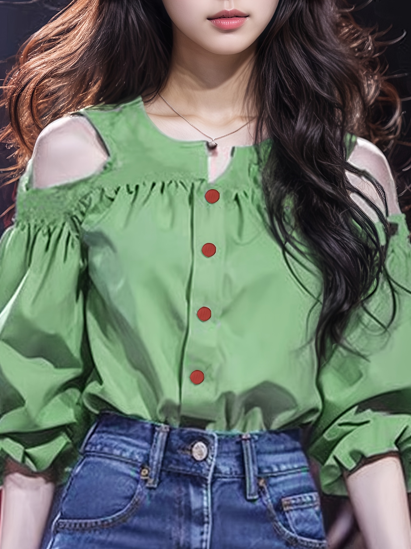 Blusa verde corta de para mujer con hombros descubiertos Diseño  asimétrico con volantes, camisa con botones para uso casual ropa de