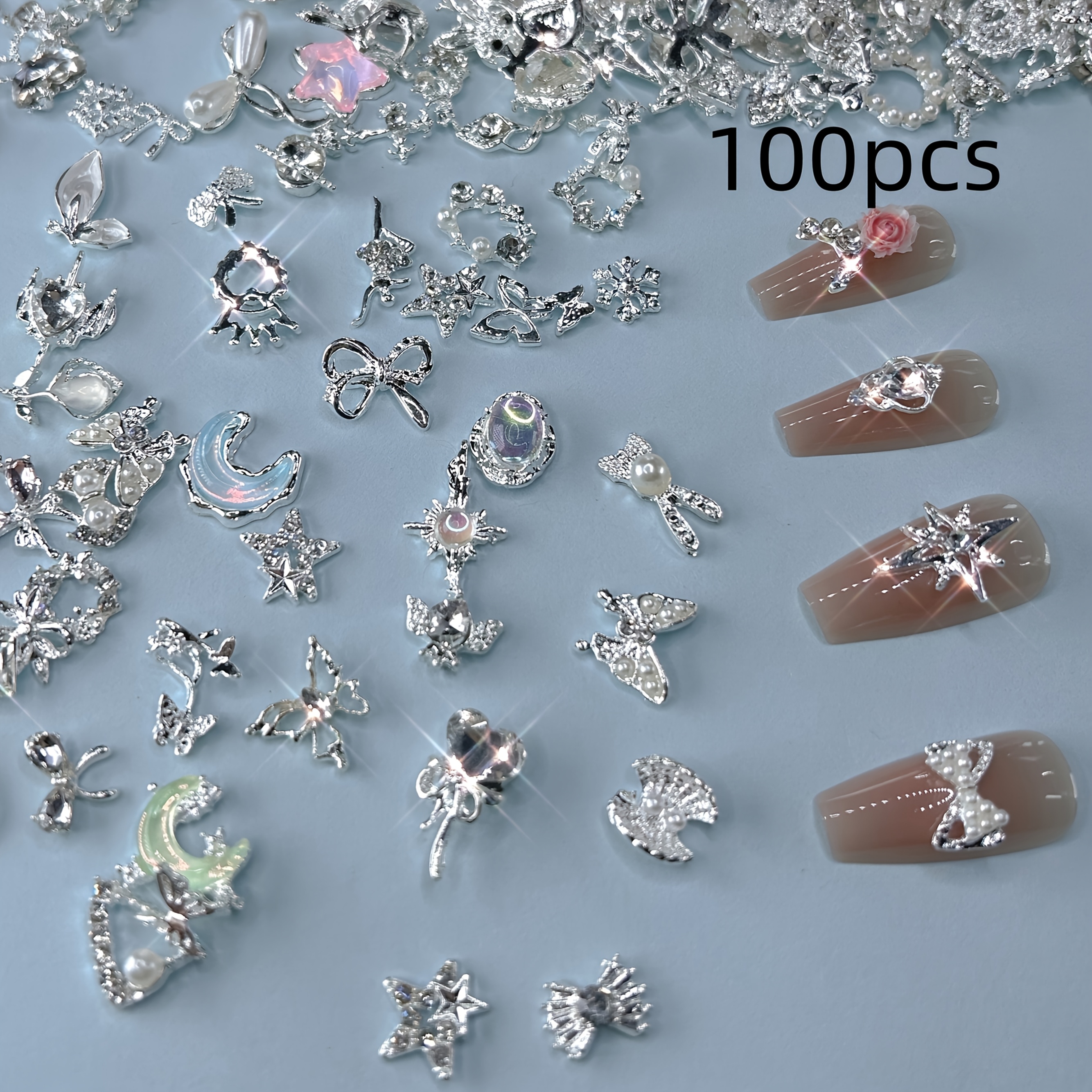 100pcs Metal Nail Art Decorations Mixed Set, Alloy Rhinestones, Designs, With Flower, , Heart And Star Designs