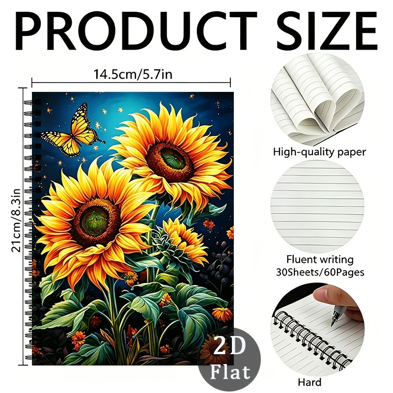 TEMU 1 Nighttime Sunflower Firefly Spiral Lined Notebook, Totaling 60 Pages, Coil-bound, With Bible Verses, Suitable For School And Office Use, For