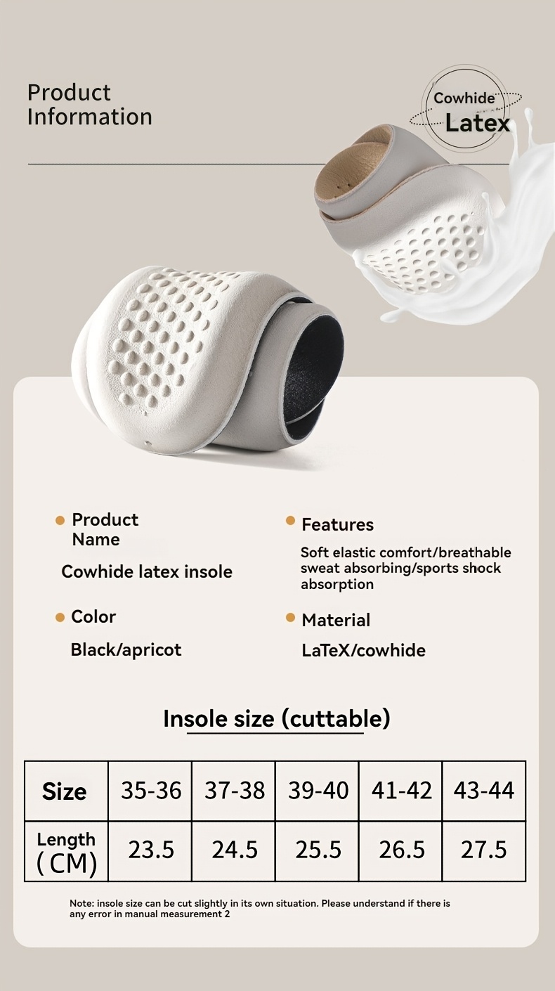 1 par de plantillas de verano de látex y piel de vaca para zapatos, unisex para uso diario, trabajo de oficina, estar de pie, caminar, deportes, correr, cómodas, informales, transpirables, absorbentes del sudor, amortiguadoras, con suela suave