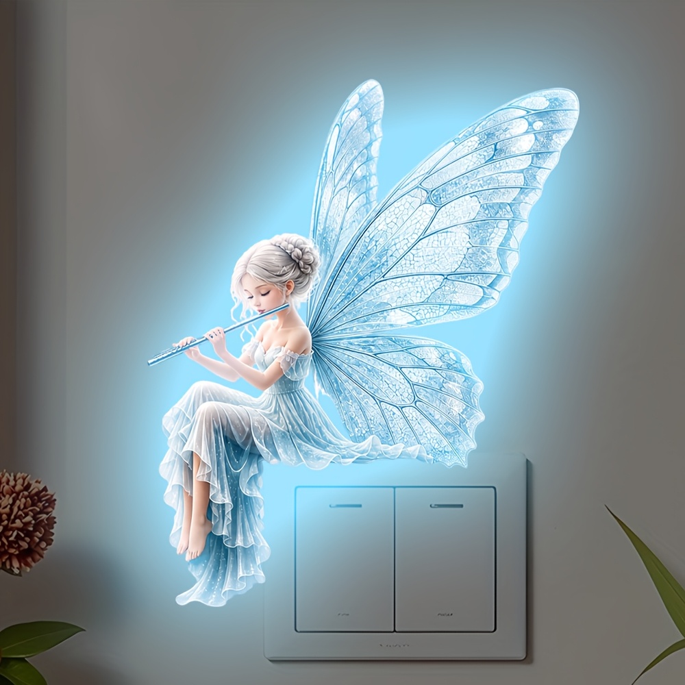 TEMU Autocollant mural 1 pièce pour interrupteur, elfe bleu jouant de la phosphorescent, décalcomanie murale de fée ailée transparente et onirique,