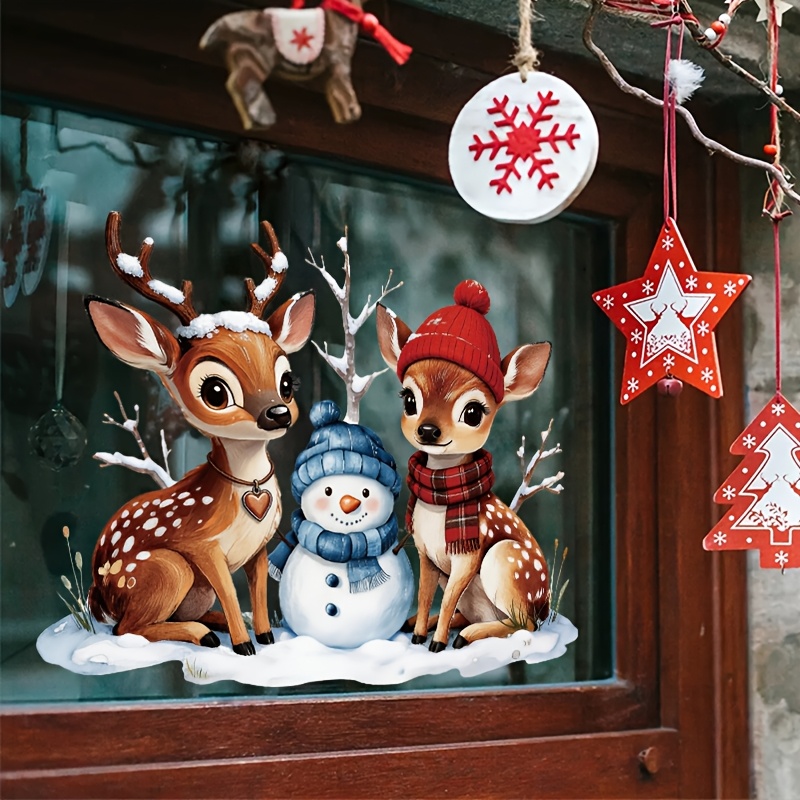 TEMU 1 pieza, Calcomanía estática para ventana de Navidad - Pegatina estática de escena con reno, y bufanda a cuadros, *17.72 pulgadas, visible por