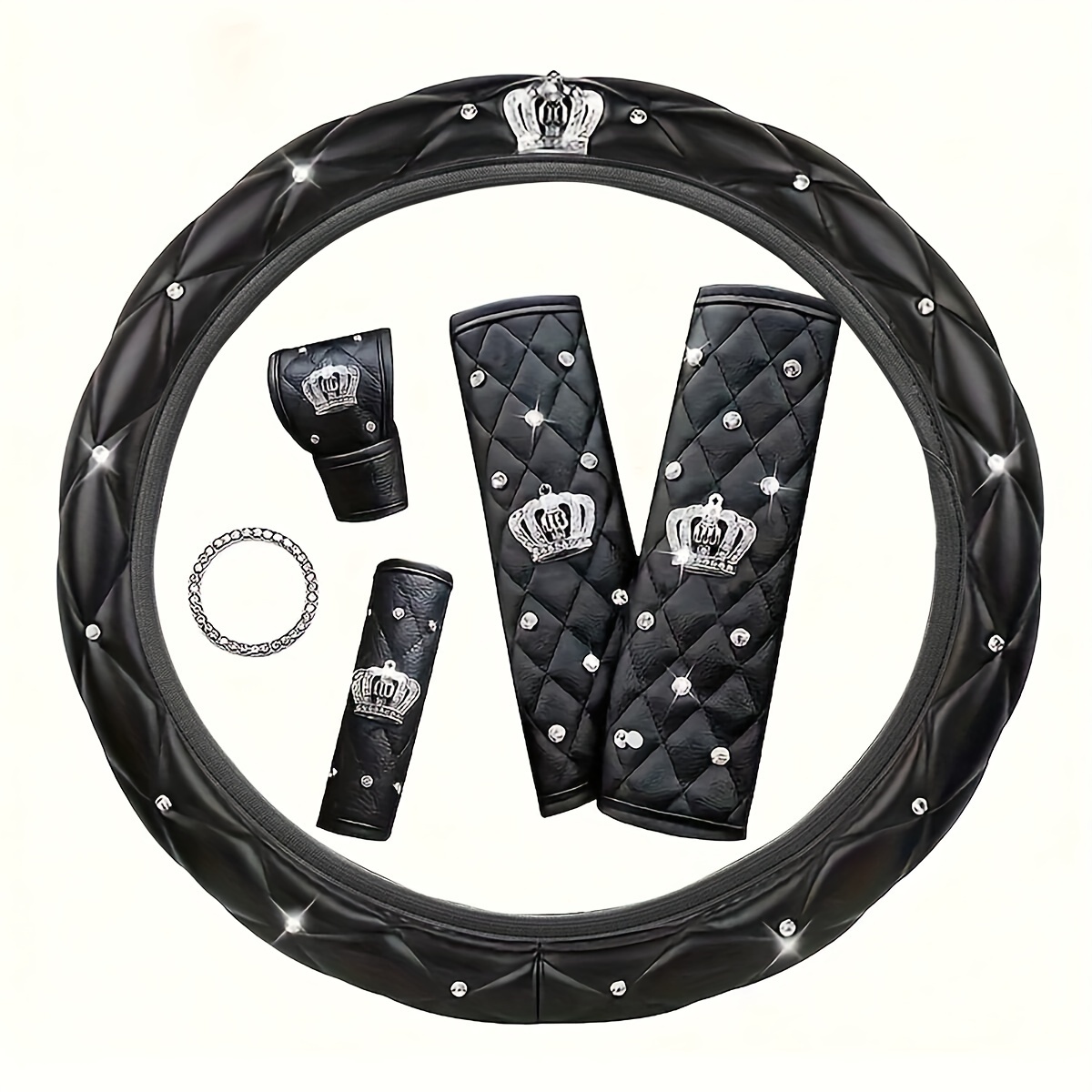 

6pcs Women's Car Accessories Set, Including Leather Steering Wheel Cover With , Seat Belt Cover, Cover, Gear Shift Cover, Diamond Cup Holder, Start Button Ring