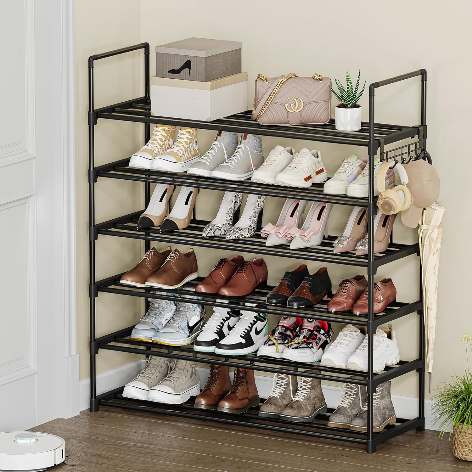 6 tier shoe rack tall capacity 30 pairs shoe storage stackable wide shoe rack for entrance hallway black hanging shoe organizers details 1