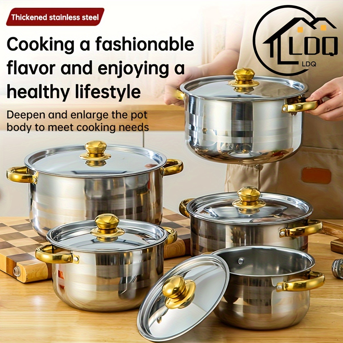 

Ldq 10pcs Stainless Steel Cookware Set With - Includes 5 Pots & 5 , Dual Handles For , Soups, Hot Pot, Noodles, Pasta & Seafood - Ideal For Home & Restaurant Use