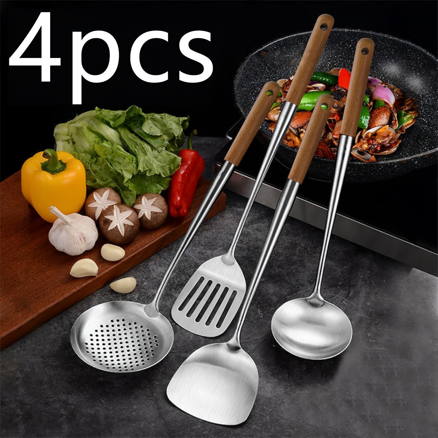 

Ensemble professionnel d'outils de wok, 4 pièces : cuillère à fondue, , spatule à sauter, spatule à fentes avec manche en bois, cuillère à tamis, de cuisson en acier inoxydable, adapté pour les repas