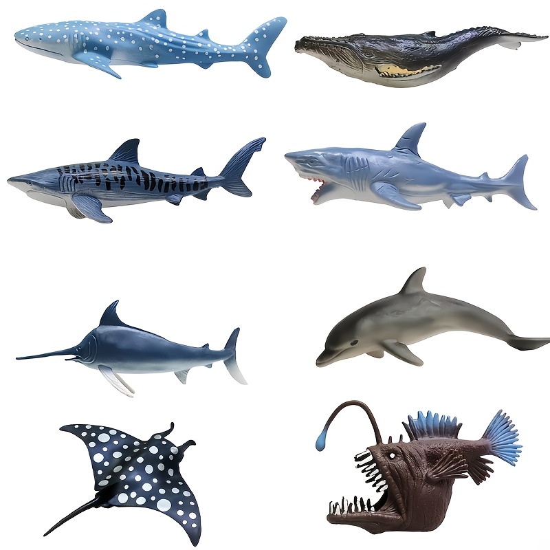 Image of A Collection Of 8 Replicas Representing Marine Creatures, Including Sharks, Whales, , And , Along With Decorative Pieces That The Set