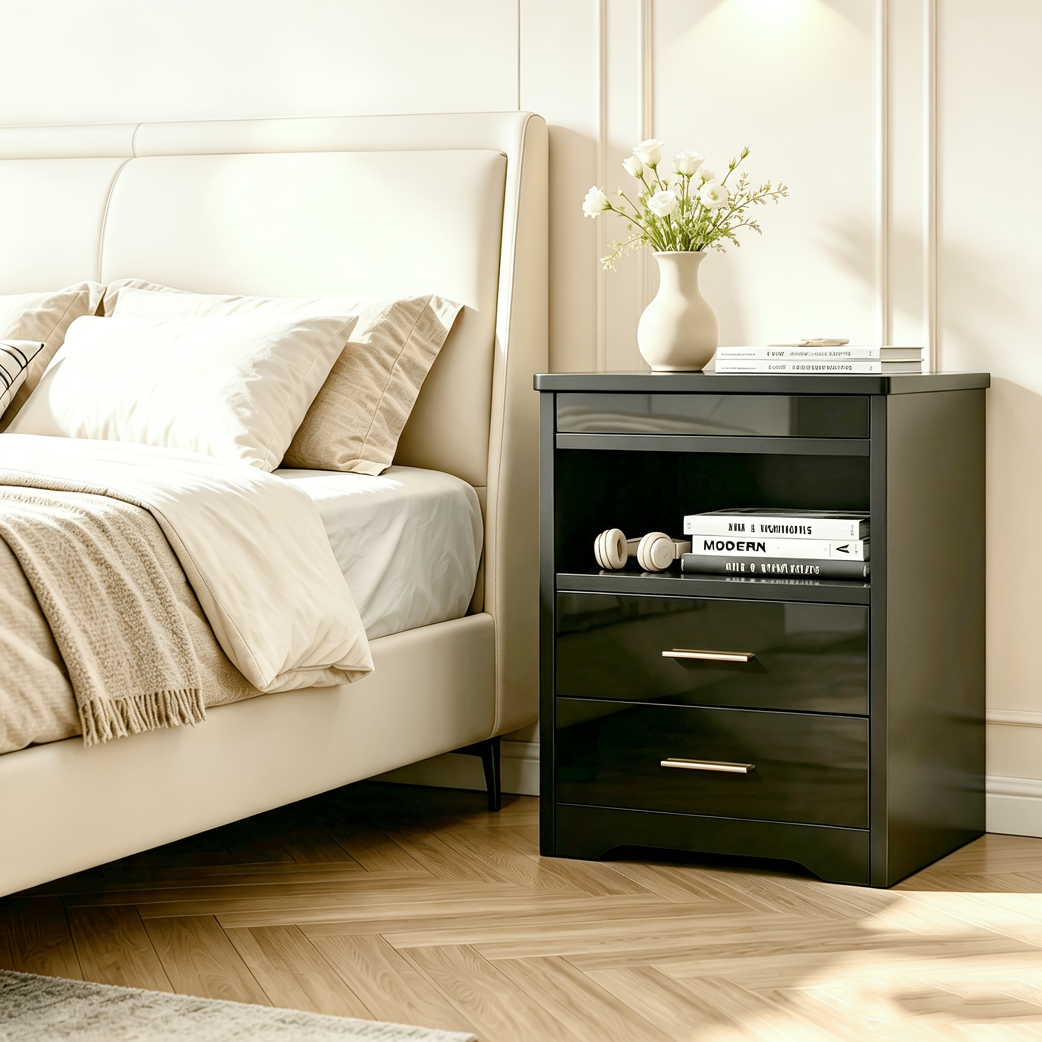 Image of High Gloss Bedroom Nightstand, 44x39x58cm Large Capacity, Sofa Sideboard With 2 Drawers, 1 Shelf Storage Cabinet With 6.5cm Deep Privacy Sliding Tray, Large Capacity Office Filing Cabinet, Black