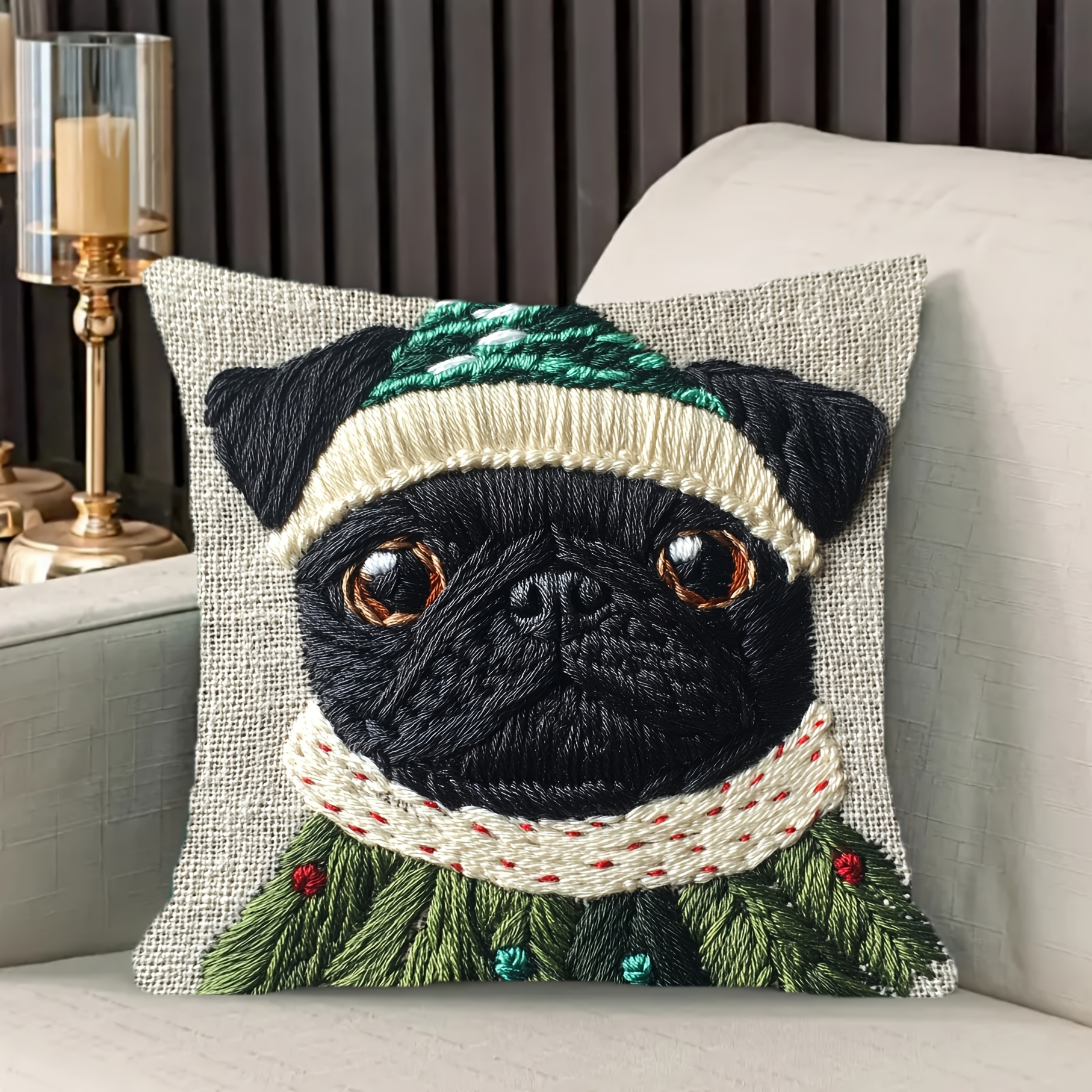 

1pc Contemporary Christmas Tree Embroidery Cushion Cover, Super Soft Polyester, 18x18 Inches, Zipper Closure, Machine Washable, Decorative Pillowcase For Home, Living Room, Sofa, Bedroom - No Insert
